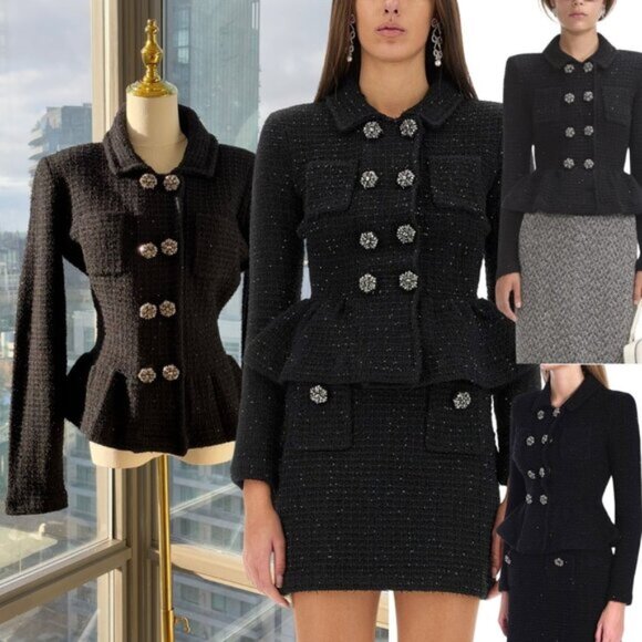 🆕 SELF PORTRAIT 🧿 NWOT Black Textured Peplum Knit Jacket - Sz Large - Picture 1 of 16